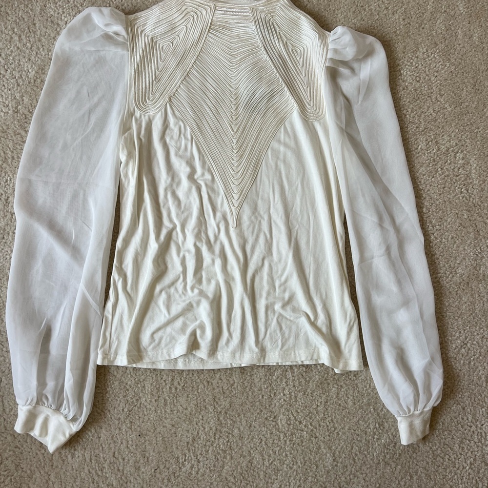 Gracia Cream Sheer-Puff Long Sleeve Embellished Front Top